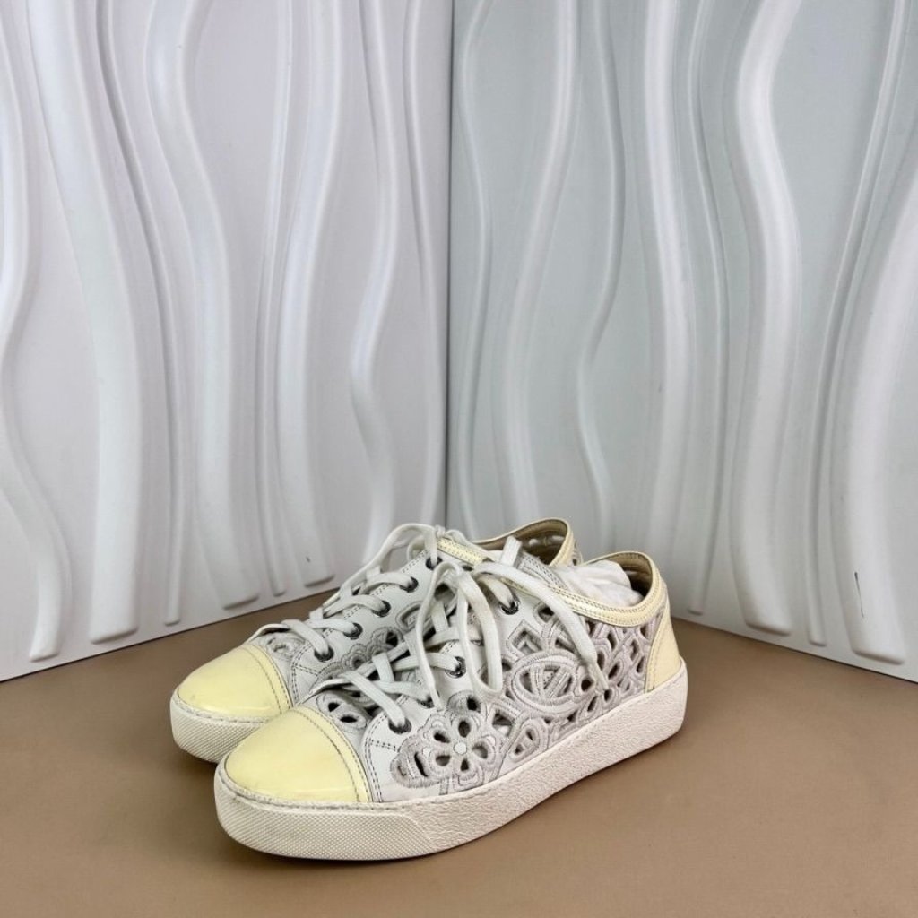 Chanel White Leather Perforated Lace-Up Sneakers With Yellow Toe Cap & Heel Acce